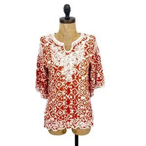 SOLATAIRE Embroidered Boho Top S Side Slits Orange Printed Half Sleeve EUC B2
